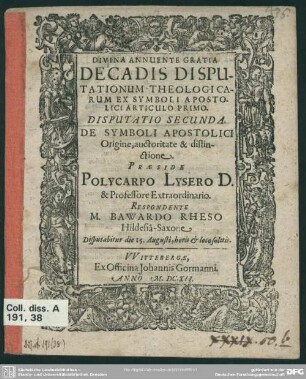 2: De symboli apostolici origine, auctoritate & distinctione