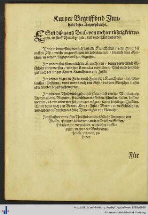 Kurtzer Begriff und Innhalt dises Artzneybuchs.