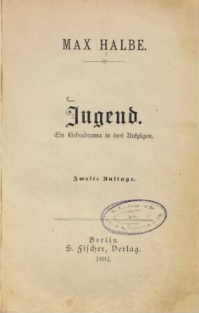 Jugend : ein Liebesdrama in drei Aufzügen
