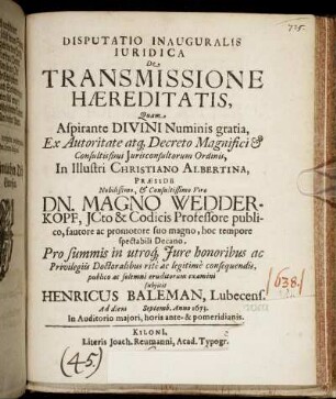 Disputatio Inauguralis Iuridica De Transmissione Haereditatis