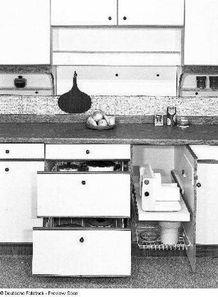 Anbauküche (Modell 2050/5) : Leipzig. Leipziger Herbstmesse, 1983. Anbauküche (Modell 2050/5). Holz, kunststoffbeschichtet (1983; VEB Möbelkombinat Dresden-Hellerau). Teilansicht mit geöffneten Schüben