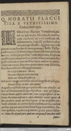 Q. Horatii Flacci Vita E Vetustissimo Codice descripta