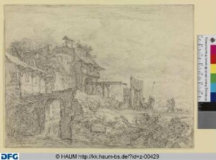 Fachwerkhäuser mit Zugbrücke und kleinem Wasserfall