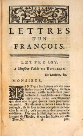 Lettres de Monsieur l'Abbé Le Blanc, concernant le gouvernement, la politique et les moeurs des Anglois et des François, 3