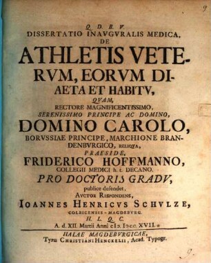 Dissertatio Inavgvralis Medica, De Athletis Vetervm, Eorvm Diaeta Et Habitv