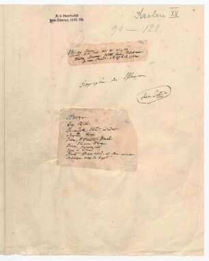 Umschlag mit der Aufschrift von Humboldts Hand 'Geographie der Pflanzen' nebst weiterer Notizen (auf aufgeklebten Notizzetteln) sowie ein weiterer unbeschrifteter Umschlag.
