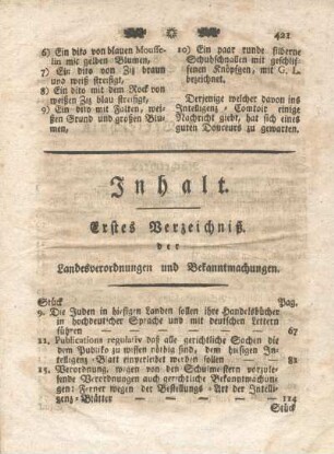 Inhalt. Erstes Verzeichniß der Landesverordnungen und Bekanntmachungen.
