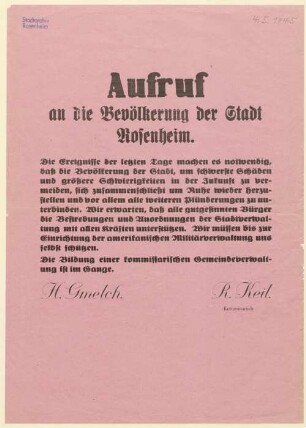 Stadtarchiv Rosenheim, Plakatsammlung, Bekanntmachungen der Stadtverwaltung und der Militärregierung, 1945-49