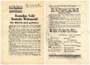 Abwurf-Flugblatt des NKFD zum Attentat von 20. Juli 1944, mit handschriftlicher Aufschrift "Feindpropaganda"