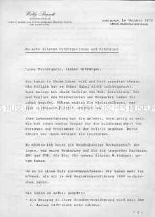 Offener Brief des SPD-Vorsitzenden und Bundeskanzlers Willy Brandt an die älteren Mitbürgerinnen und Mitbürger anlässlich der Bundestagswahl 1972