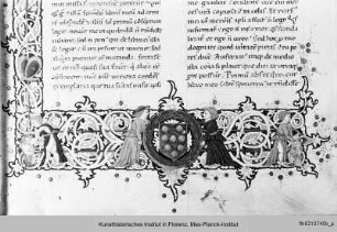 Buchseite mit Randbordüre, eingeschlossenem Mediciwappen, Text und Initialen B und C - Augustinus: Opera varia