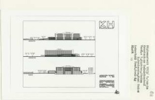 Schwerpunktkrankenhaus, Berlin-Borsigwalde (Diplomarbeit bei Peter Poelzig): Ansichten von Südwesten, Nordwesten und Schnitt 1:500