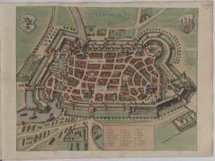 Vogelschauplan von Lüneburg, 1:3 500, Kupferstich, um 1682 : [Lunaeburgum] Lvnaeburgvm / [Jansonio-Weasberger]. - [Amsterdam] : [Bÿ d' Erfsgenamen van Joannes Janssonius van Waesberge],. - [Ca. 1:3 500]. - [Amsterdam], [um 1682]. - 1 Vogelschauplan : Radierung u. Kupferst. ; 50 x 39,6 cm Titel oben Mitte. - Ohne Kt.-Netz. - Mit Gebäudeverz. - Mit 2 Wappen