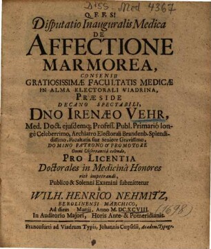 Disputatio Inauguralis Medica De Affectione Marmorea