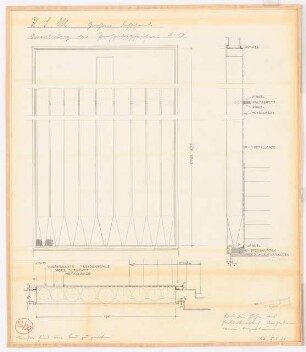 Reichsluftfahrtministerium, Berlin: Saalbau, Ehren-/Festsaal (Empore und Orgel, Orgelpfeifen): Ansicht, Schnitt, Grundriss 1:10
