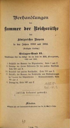Verhandlungen der Kammer der Reichsräthe des Königreiches Bayern. Protokoll-Band. [157] = 1883/84,Beil.2 = 30. Landtag
