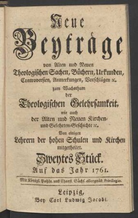 Zweytes Stück. Auf das Jahr 1761