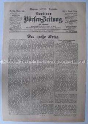 Titelblatt der "Berliner Börsen-Zeitung" zum Kriegsgeschehen