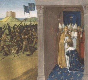 Grandes Chroniques de France — Die Schlacht bei Bavière und die Krönung Pippins durch Papst Stephan in Saint Denis, Folio 76
