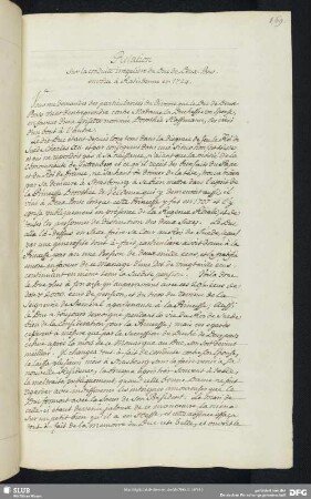 S. 169-171. Relation sur la conduite irreguliere du Duc de Deux-Pons envoïeé à Ratisbonne en 1724.