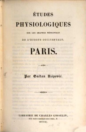 Etudes physiologiques sur les grandes metropoles de l'Europe occidentale