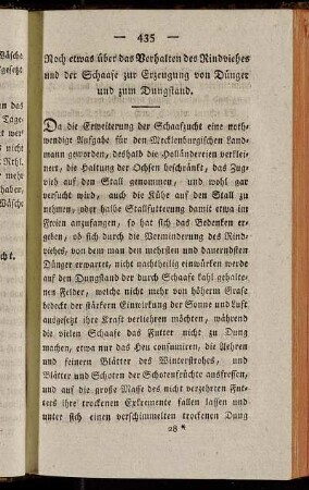Noch etwas über das Verhalten des Rindviehes und der Schaafe zur Erzeugung von Dünger und zum Dungstand