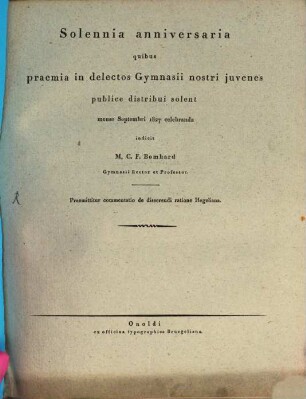 Solennia anniversaria quibus praemia distribui solent selectis Gymnasii Onoldini discipulis ... celebranda indicit, 1827