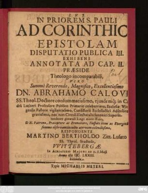 In Priorem S. Pauli Ad Corinthios Epistolam Disputatio Publica III. Exhibens Annotata Ad Cap. II.