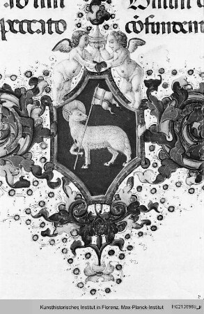Missale Romanum : Buchseite mit Randbordüre, Text und historisierten Initialen A und E mit König David, der seine Seele Gottvater entgegenstreckt sowie Propheten