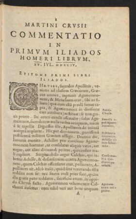 Martini Crusii Commentatio In Primum Iliados Homeri Librum.