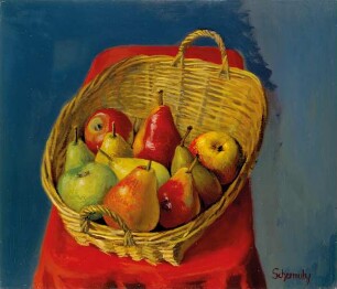 Äpfel und Birnen im Korb auf der roten Decke (I)