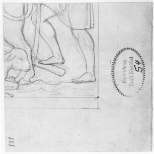 Fragment eines Entwurfs für das Relief "Vorgeschichtliche Zeit" : Rietschel, Ernst. Fragment eines Entwurfs für das Relief "Vorgeschichtliche Zeit". Bleistift auf hellelfenbeinfarbenem Velin; 12,9 x 13 cm. 1850/1860. Privatbesitz. WVZ 316 v