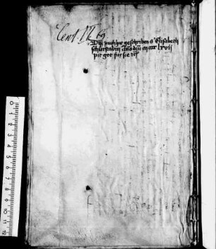 Pergamentmakulatur (Urkunde, dt., Text radiert); darauf Notiz mit Angabe der Schreiberin und Datierung: „Diß puch hat geschriben S[chwester] Elisabeth Schurstabin anno domini M CCCC LXVII pit got fur sie.“