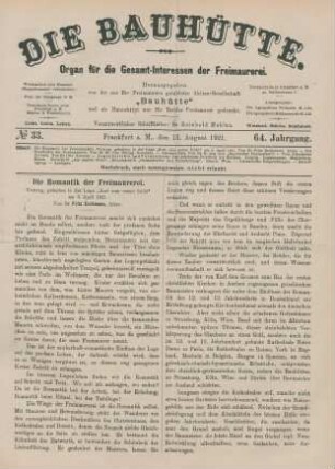 No 33. Frankfurt a. M., den 13. August 1921. 64. Jahrgang.