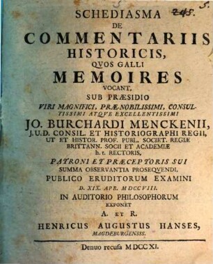 Schediasma De Commentariis Historicis, Qvos Galli Memoires Vocant