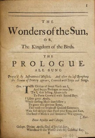 Wonders in the Sun, Or, The Kingdom of the Birds : A Comick Opera ; With great Variety of Songs in all kinds, set to Musick by several of the most Eminent Masters of the Age