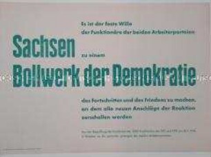 Maueranschlag mit einem Zitat von der gemeinsamen Konferenz von SPD- und KPD-Funktionären in Dresden im Januar 1946