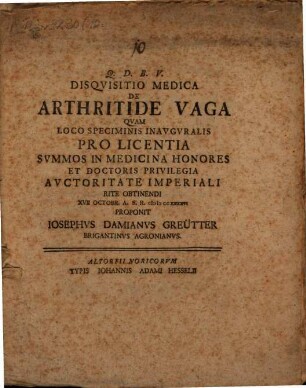 Disquisitio med. de arthritide vaga