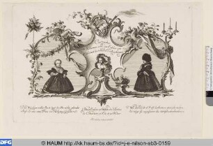 Cartouches Modernes avec des Enfans qui representent les Modes d´Augsbourg - Deux Enfans en Habit des Femmes de Condition en Eté et en Hiver