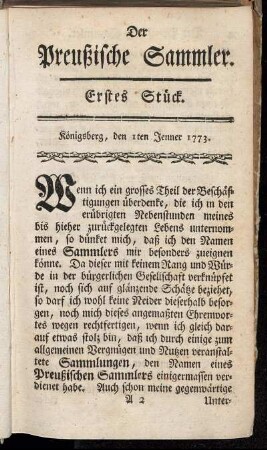 Erstes Stück. Königsberg, den 1ten Jenner 1773.