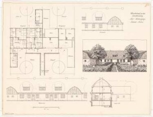 Reihenhäuser einer Heimstättensiedlung Monatskonkurrenz November 1920: Grundriss Erdgeschoss, Dachgeschoss, Aufriss Vorderansicht, Rückansicht, Querschnitt 1:100; perspektivische Ansicht; Maßstabsleiste