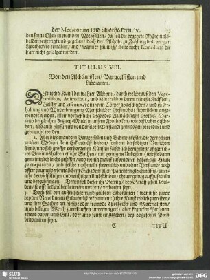 Titulus VIII. Von den Alchymisten, Paracelisten und Laboraten