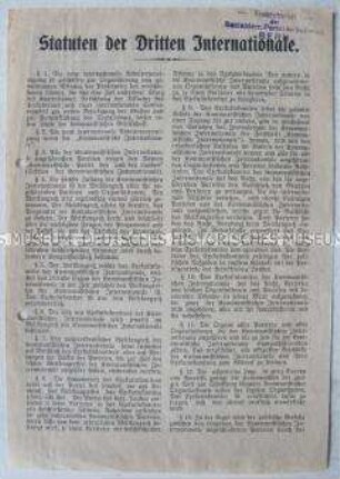Flugblatt mit den Statuten der III. Internationale