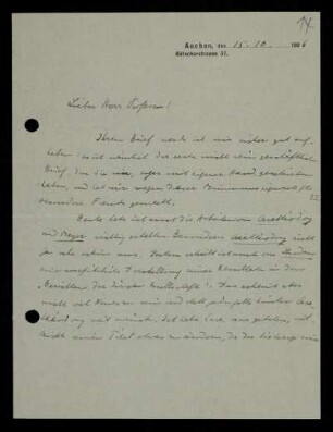Nr. 14: Brief von Otto Blumenthal an David Hilbert, Aachen, 15.10.1906