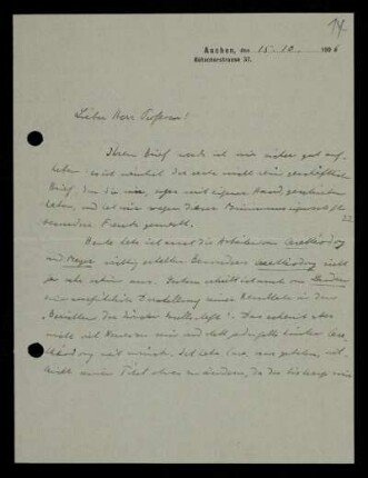 Nr. 14: Brief von Otto Blumenthal an David Hilbert, Aachen, 15.10.1906