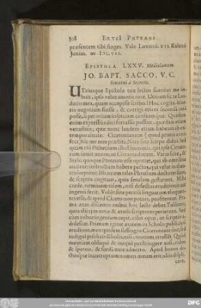Epistola LXXV. Mediolanum. Io. Bapt. Sacco, V. C. Senatui à Secretis.