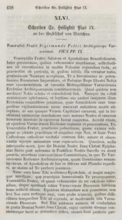 638-640 Schreiben Sr. Heiligkeit Papst Pius IX. an den Erzbischof von Warschau