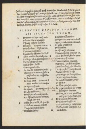 Elenchus Capitum Evangelii Secundum Lucam.