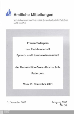 Frauenförderplan des Fachbereichs 3, Sprach- und Literaturwissenschaft der Universität-Gesamthochschule Paderborn : vom 19. Dezember 2001