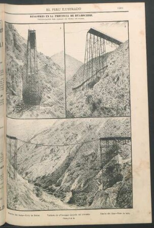 Desastres en la provincia de Huarochiri. [Vistas del] Ferro-carril del Callao al Cerro de Pasco. : [1.] Estribo del Oeste - Visto de frente. - [2.] Estribo del Este - Visto de lado. - [3.] Viaducto de "Verrugas" después del siniestro. (Photo. J. B. M.)